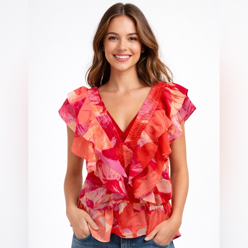 Sofia Smocked V-Neck Ruffle Top